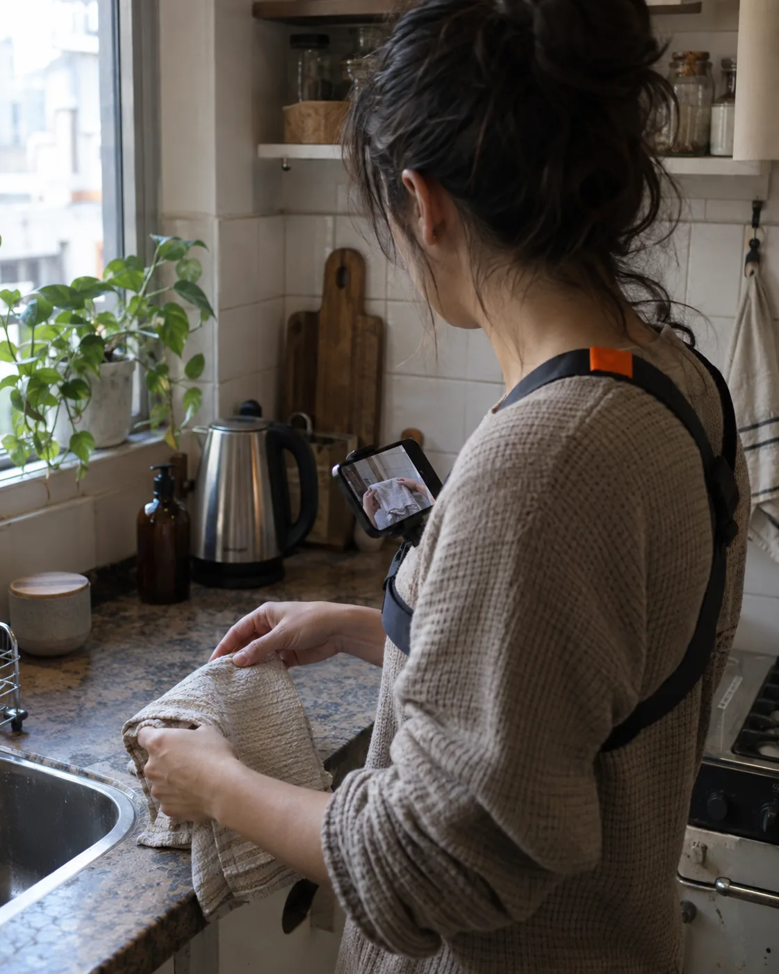 A person recording a household task with a phone mounted on a small rig.
