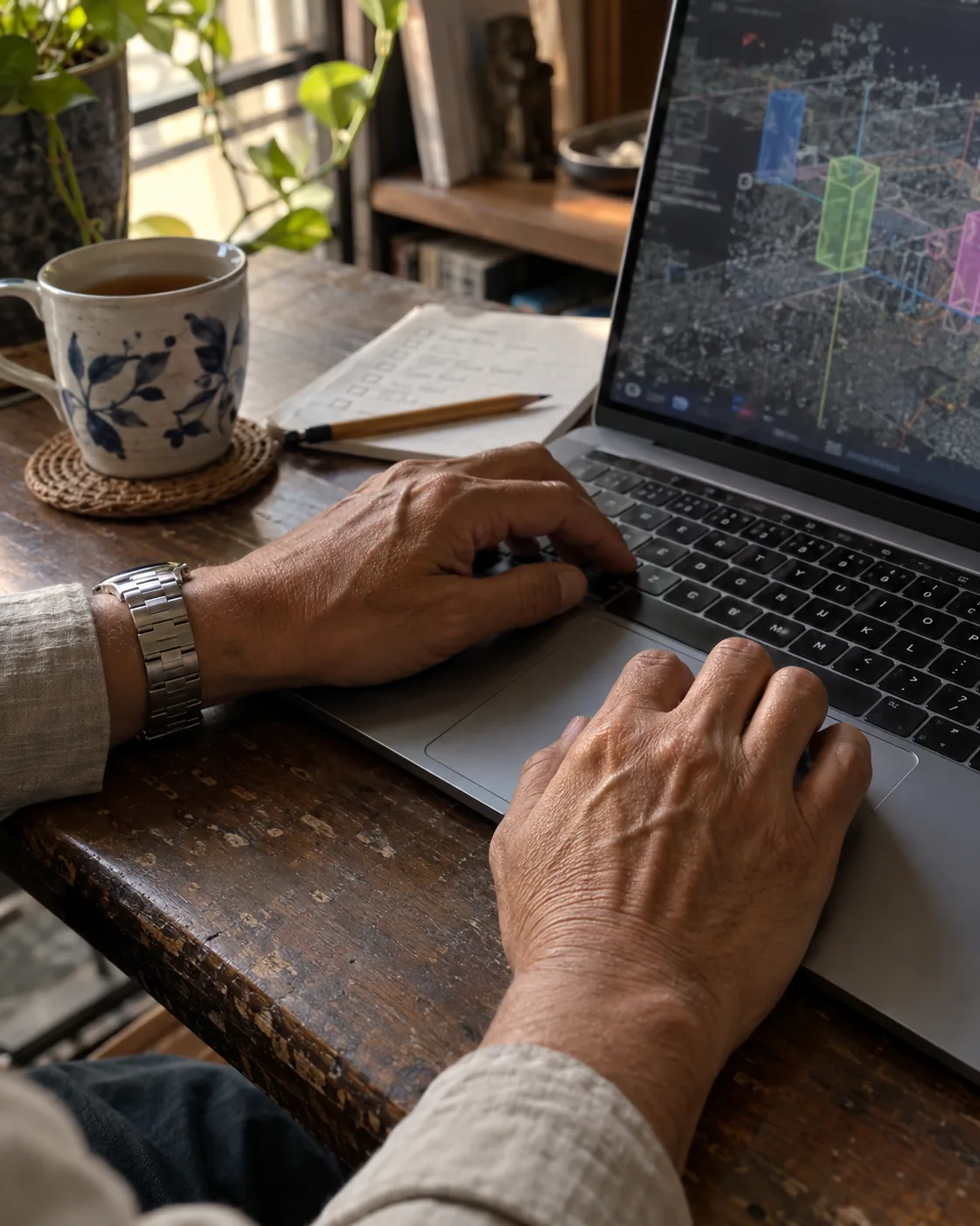 Hands on a keyboard beside a screen showing a labeled 4D scene.